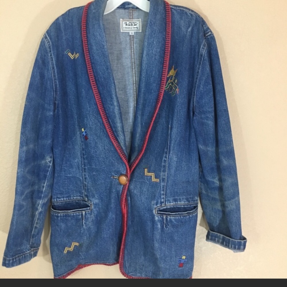Blazer style medium denim embroidered jacket